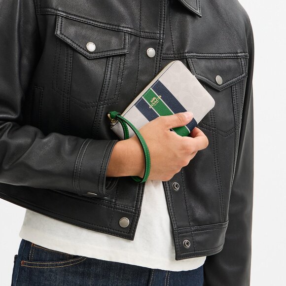 Coach Wristlet In White Signature Canvas and Varsity Stripe Blue and Green - Picture 4 of 4